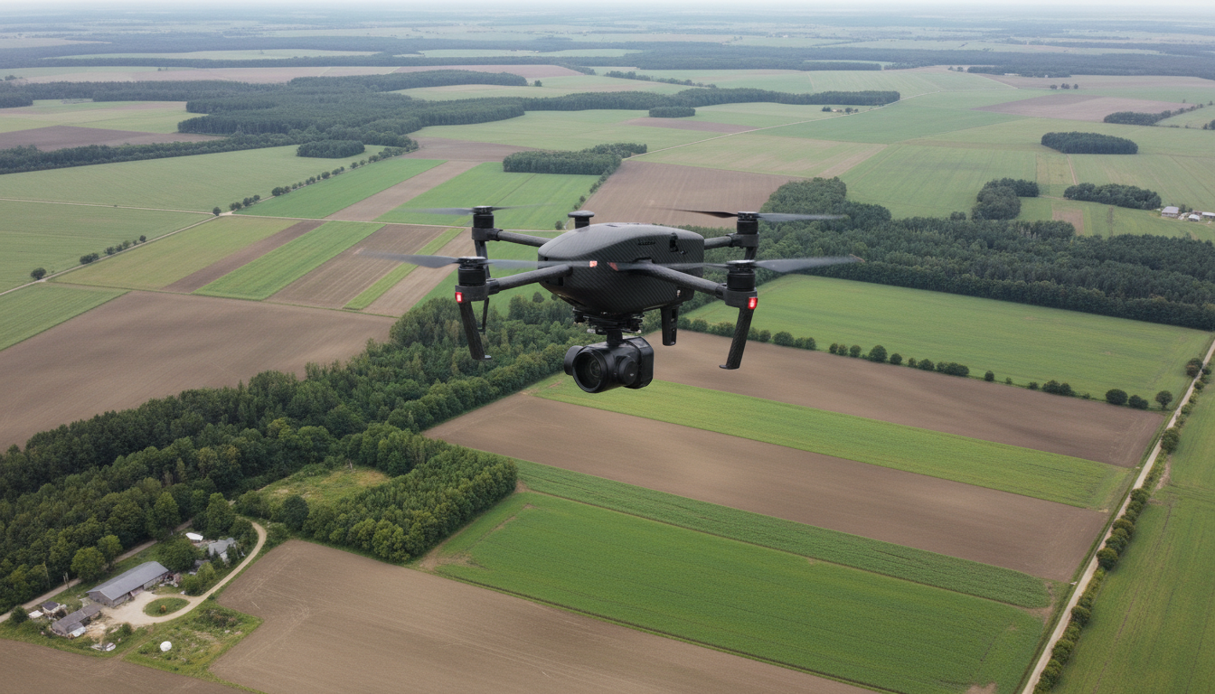 An advanced quadcopter drone with a matte black carbon fiber frame and visible thermal imaging camera attachment hovers steadily above an expansive rural property. Below, well-defined fields and dense woodland patches form a geometric patchwork, all captured in sharp, photographic detail. The setting is under soft, overcast daylight, casting muted shadows and enhancing the neutral palette of greens, browns, and grays. The overall mood is professional and solution-oriented, instilling trust. Shot from a slightly elevated, side-on angle with a clean, centered composition and sharp focus throughout. The visual style is photographic realism with a clean-lined, corporate aesthetic, reflecting precise technology and reliability.